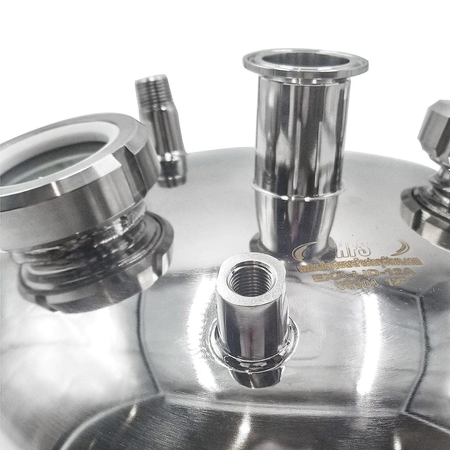 10" Hemispherical Tri Clamp Lid w/ View Port, (2)1/4" FNPT, (2)1/2" MNPT, 1.5"TC, (2)2" Sight glasses