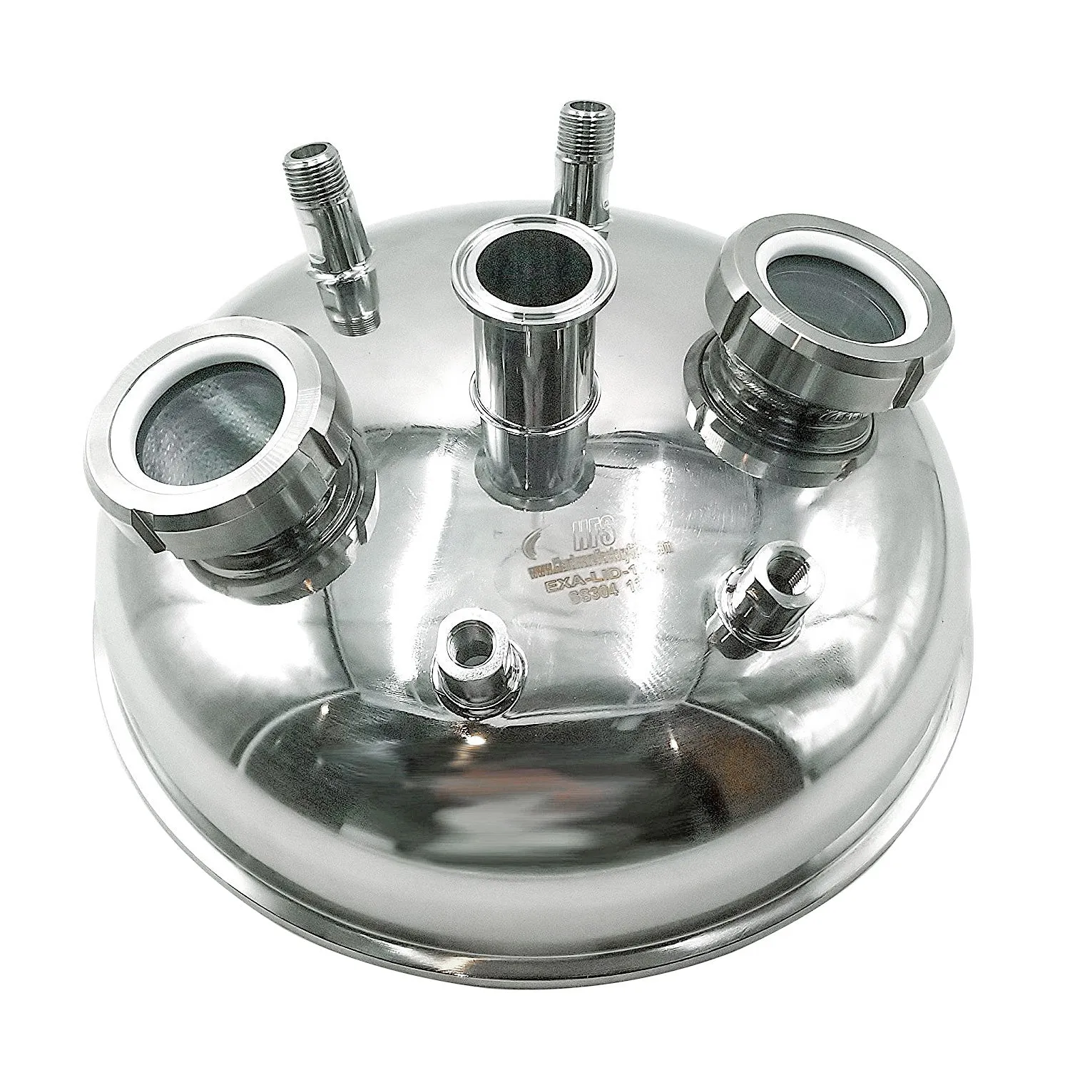 10" Hemispherical Tri Clamp Lid w/ View Port, (2)1/4" FNPT, (2)1/2" MNPT, 1.5"TC, (2)2" Sight glasses