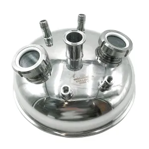 10" Hemispherical Tri Clamp Lid w/ View Port, (2)1/4" FNPT, (2)1/2" MNPT, 1.5"TC, (2)2" Sight glasses