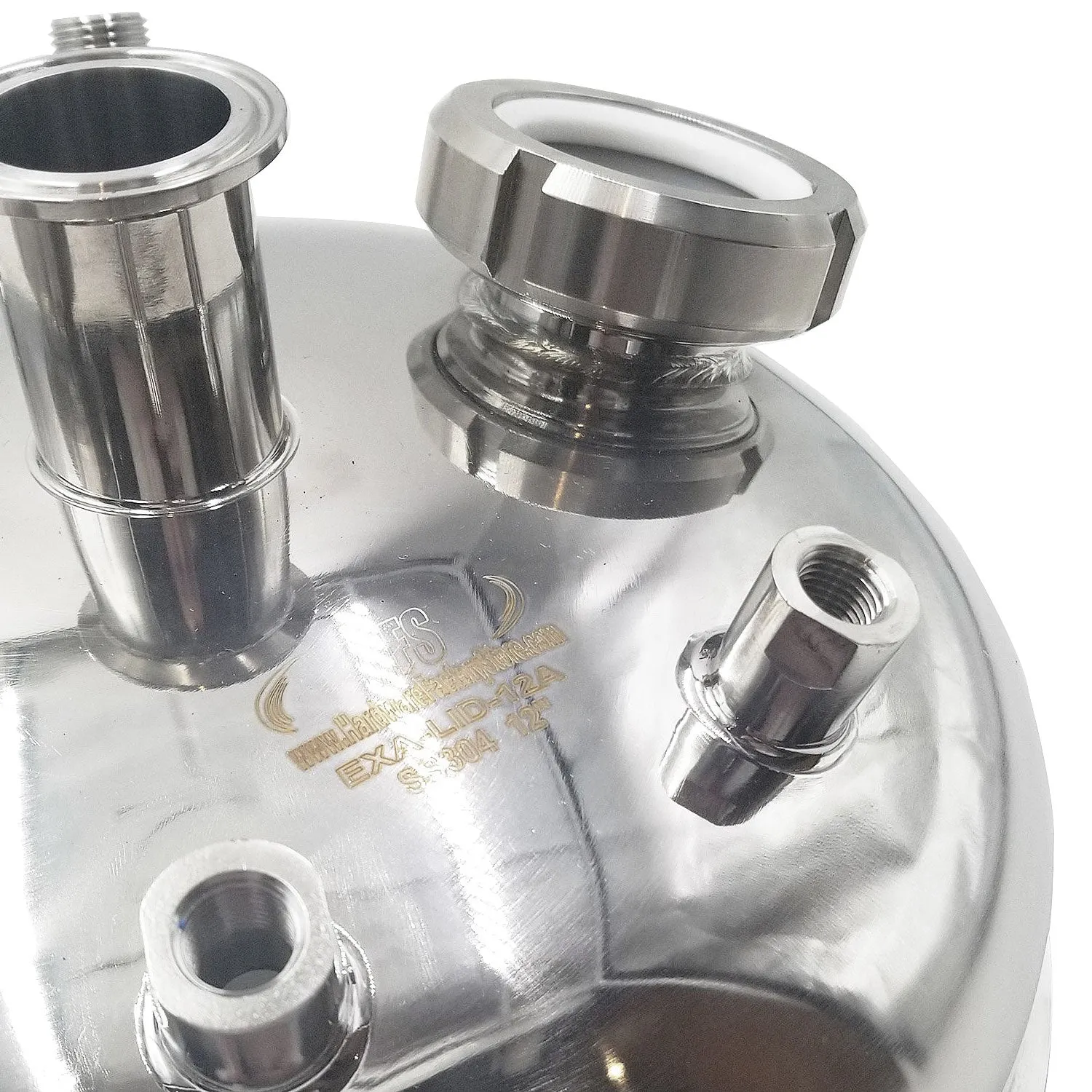 10" Hemispherical Tri Clamp Lid w/ View Port, (2)1/4" FNPT, (2)1/2" MNPT, 1.5"TC, (2)2" Sight glasses