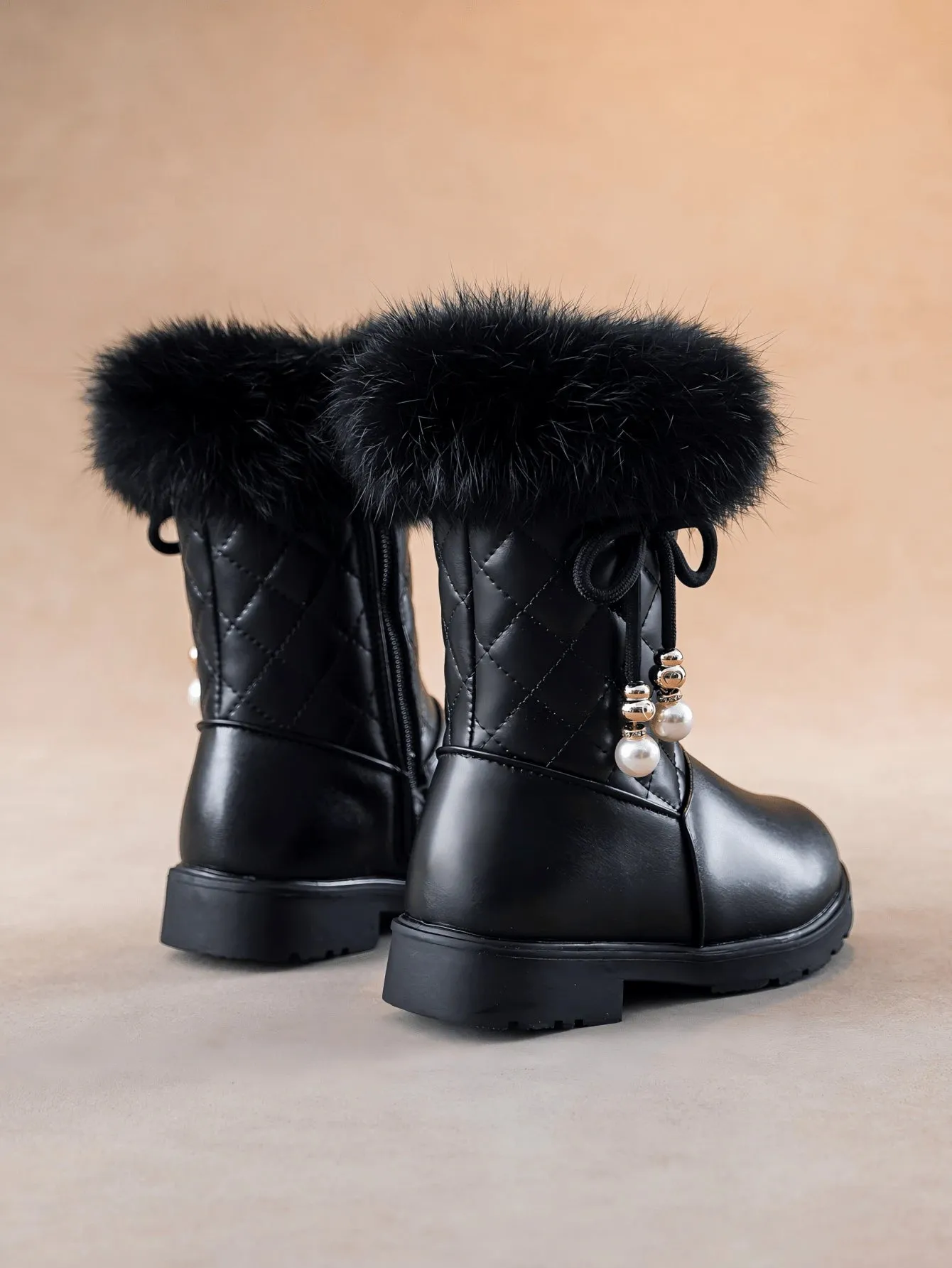 1pair Girls Cute Bowknot Lace-Up Side High Top Flat Boots, Warm Thick Plush Lining, Suitable For Winter