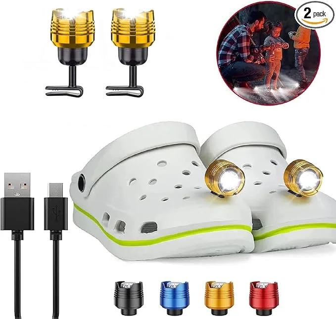 2 Pcs Metal Rechargable Headlights for Crock, Outdoor Waterproof LED Flashlight for Shoes, Clip on Crock Light Attachment Charm, Accessories for Camping, Cycling, Walking, 3 Light Modes, Last 72 Hours
