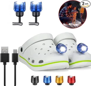 2 Pcs Rechargable Blue Headlights for Crock, Outdoor Waterproof LED Flashlight for Shoes, Clip on Crock Light Attachment Charm, Accessories for Camping, Cycling, Walking, 3 Light Modes, Last 72 Hours