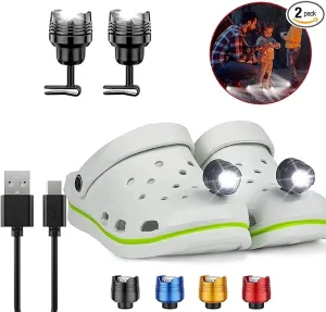 2 Pcs Rechargable Headlights for Crock, Outdoor Waterproof LED Flashlight for Shoes, Clip on Crock Light Attachment Charm, Accessories for Camping, Cycling, Walking, 3 Light Modes, Last 15 Hours