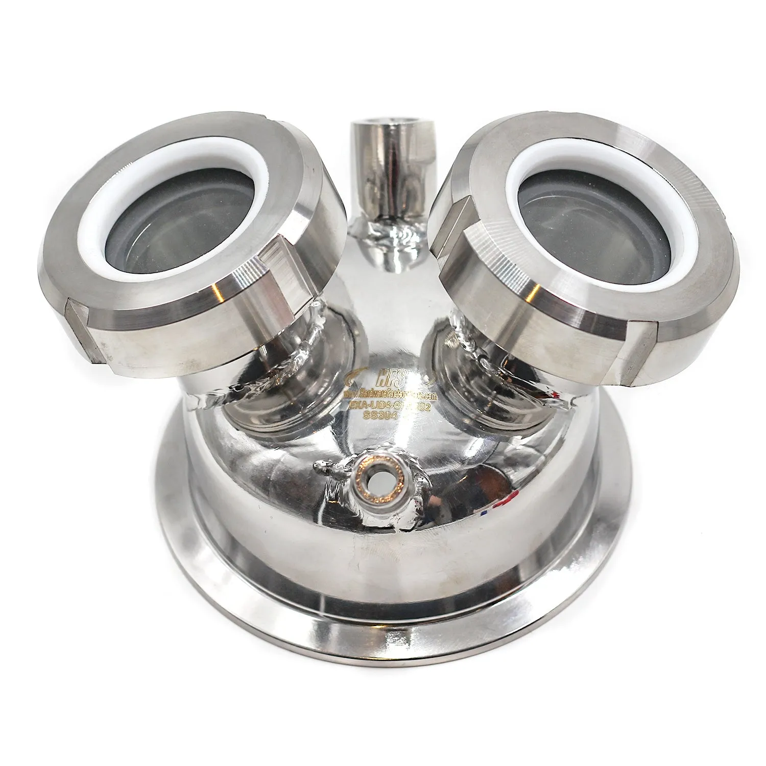 4" Hemispherical Tri Clamp Lid w/ View Port, (1)1/4" FNPT, (1)1/4" MNPT, (2)1.5" Sight glasses