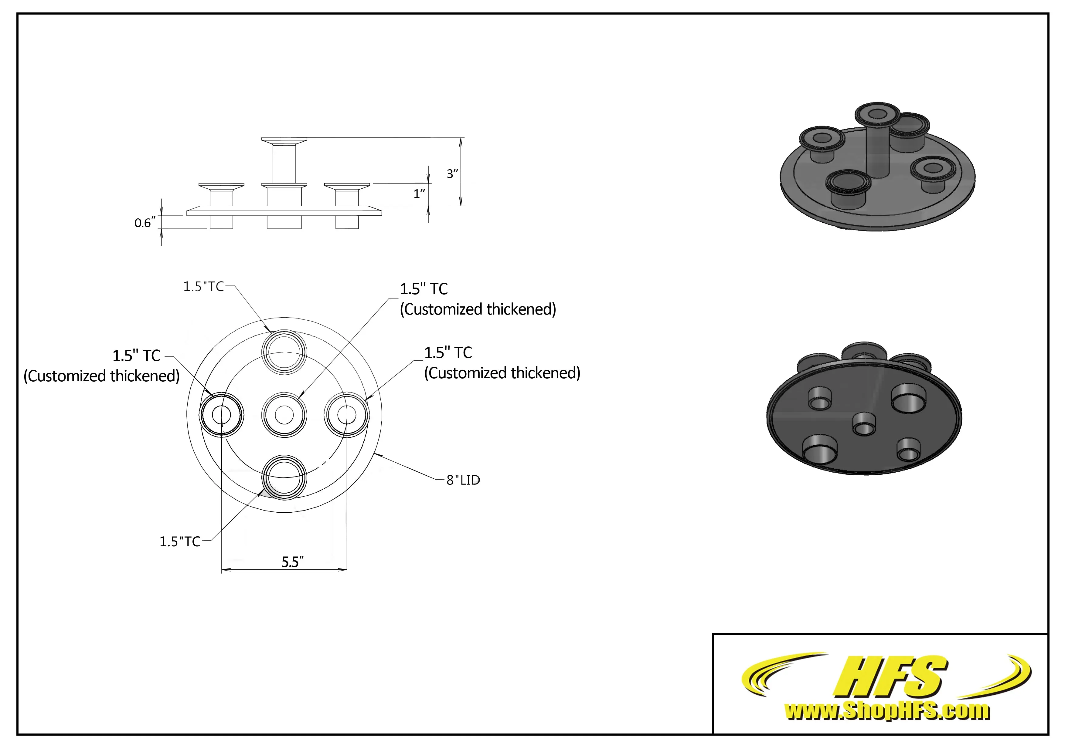 8" Tri Clamp Flat Lid w/ (5) 1.5"TC