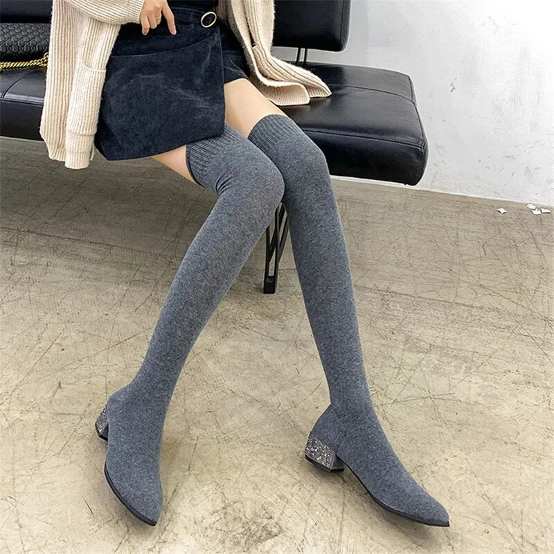 Amozae-Women Stretch Sock Botas Long Tight Boots 4cm Low Heels Lady Crystal Over The Knee High Boots Stripper Winter Warm Fetish Shoes