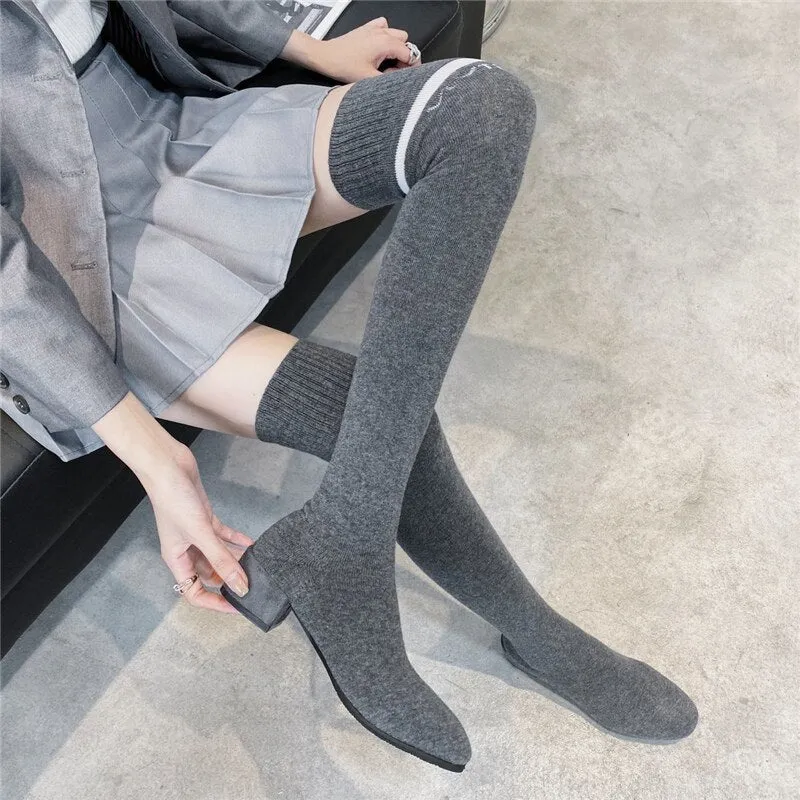 Amozae-Women Stretch Sock Botas Long Tight Boots 4cm Low Heels Lady Crystal Over The Knee High Boots Stripper Winter Warm Fetish Shoes
