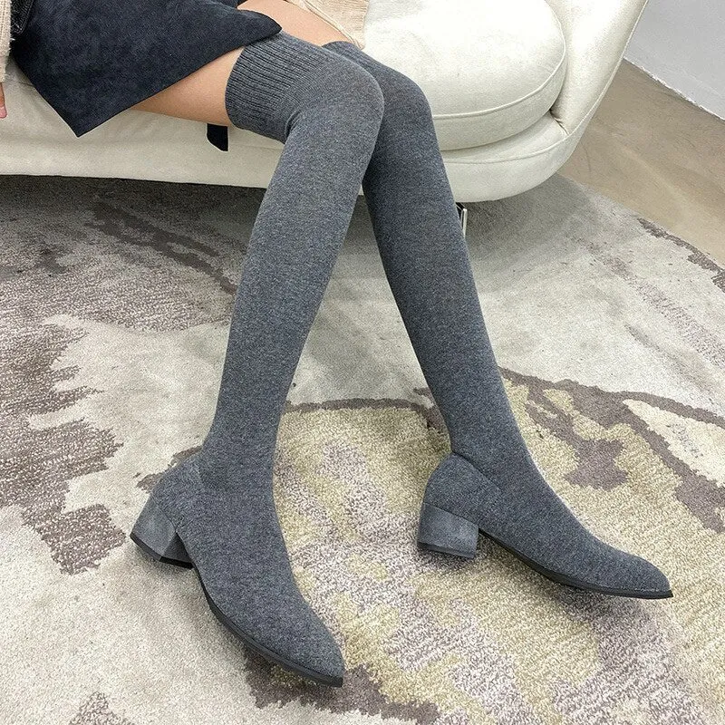 Amozae-Women Stretch Sock Botas Long Tight Boots 4cm Low Heels Lady Crystal Over The Knee High Boots Stripper Winter Warm Fetish Shoes