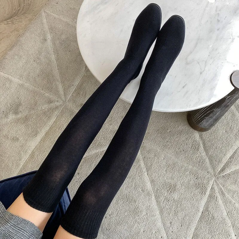 Amozae-Women Stretch Sock Botas Long Tight Boots 4cm Low Heels Lady Crystal Over The Knee High Boots Stripper Winter Warm Fetish Shoes
