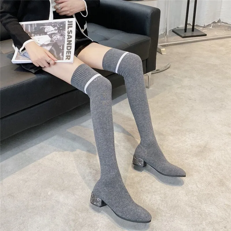 Amozae-Women Stretch Sock Botas Long Tight Boots 4cm Low Heels Lady Crystal Over The Knee High Boots Stripper Winter Warm Fetish Shoes