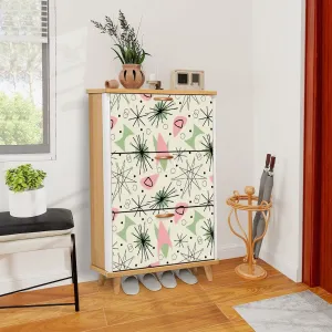 Atomic Mid Century Modern Shoe Cabinet, Retro Geometric Entryway Organizer, MCM Starburst Storage Unit