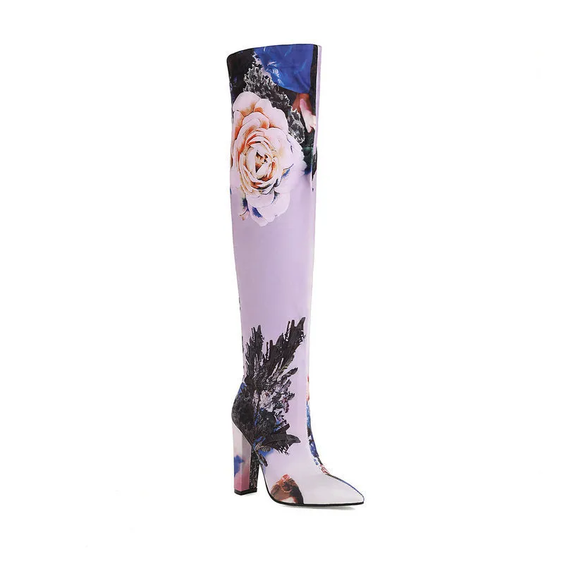 Autumn Winter Thick Heel Super High Heel Pointed Print Knee High Boots