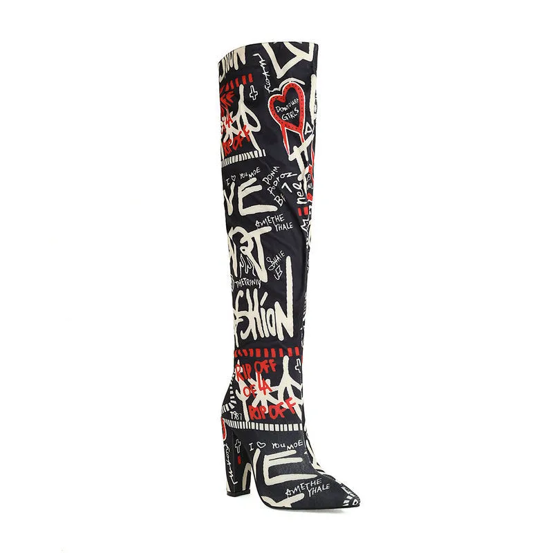 Autumn Winter Thick Heel Super High Heel Pointed Print Knee High Boots