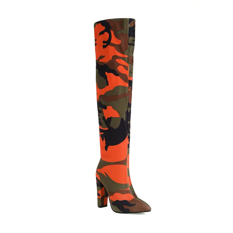 Autumn Winter Thick Heel Super High Heel Pointed Print Knee High Boots