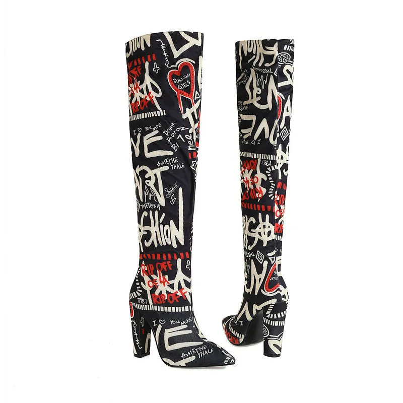 Autumn Winter Thick Heel Super High Heel Pointed Print Knee High Boots