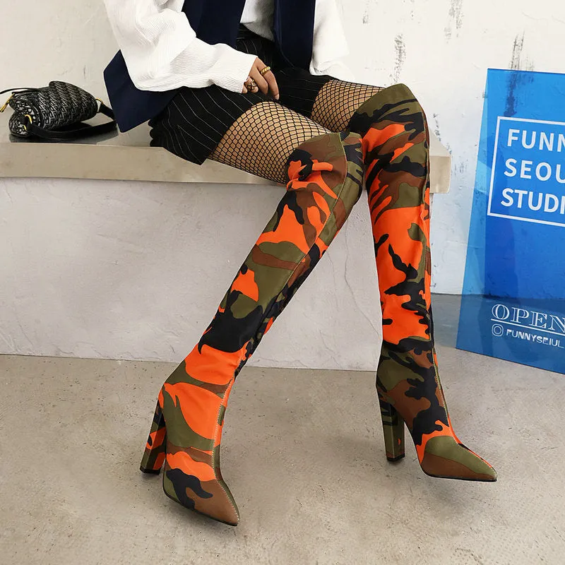 Autumn Winter Thick Heel Super High Heel Pointed Print Knee High Boots