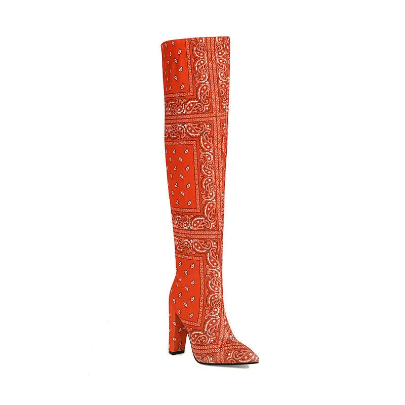 Autumn Winter Thick Heel Super High Heel Pointed Print Knee High Boots
