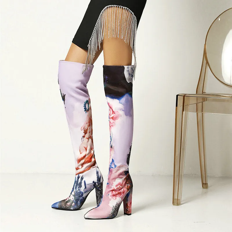 Autumn Winter Thick Heel Super High Heel Pointed Print Knee High Boots