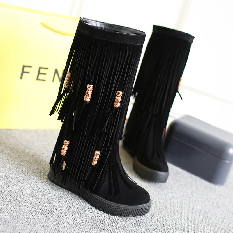 Beads Tassels Round Toe Flat Half Boots