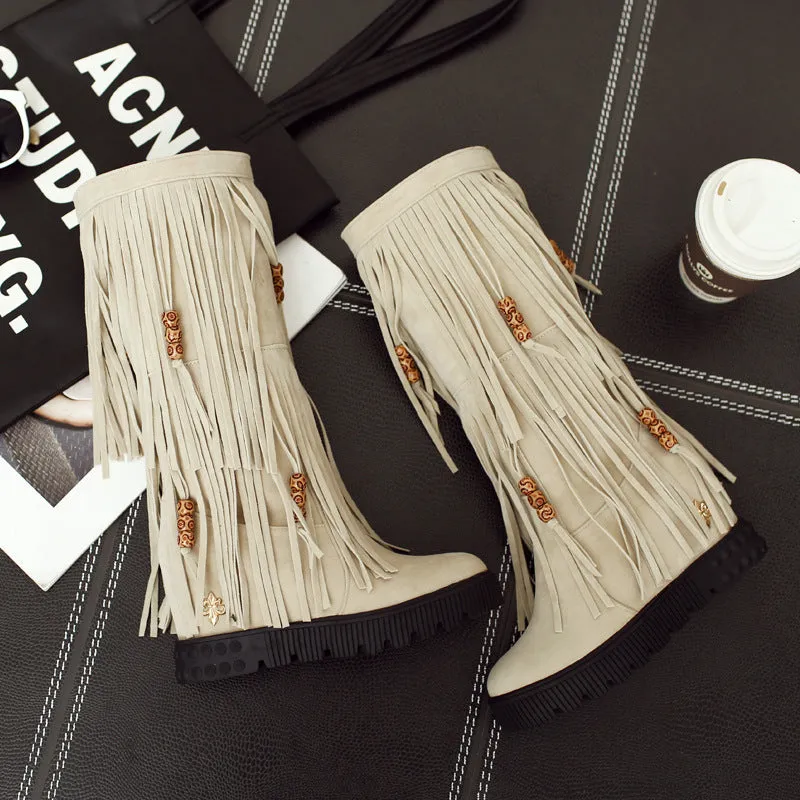Beads Tassels Round Toe Flat Half Boots