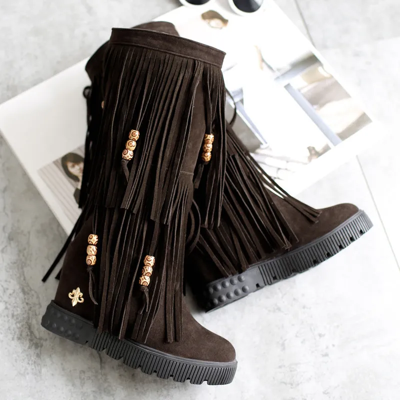 Beads Tassels Round Toe Flat Half Boots
