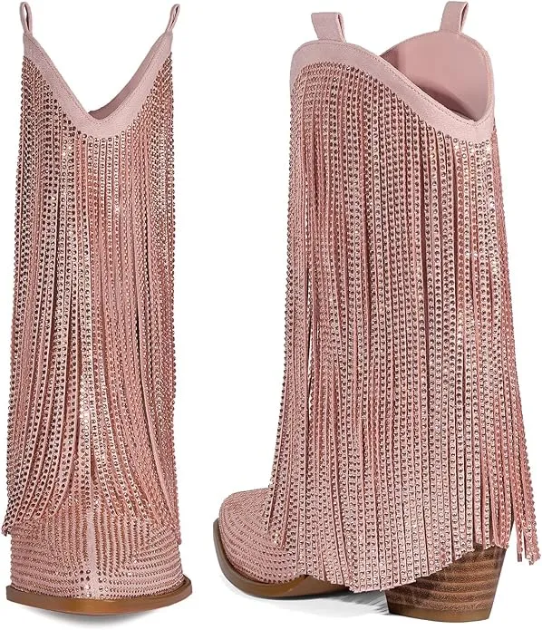 Beautiful Champagne Pink Boho Festival Rhinestone Crystal Diamante Fringe Western Boots