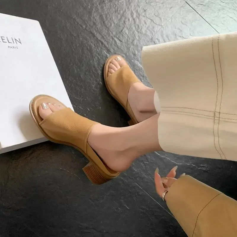 binfenxie  -  2024 New Genuine Leather Shoes Women Slippers Chunky High Heels Office Dress Shoes Ladies Daily Footwear