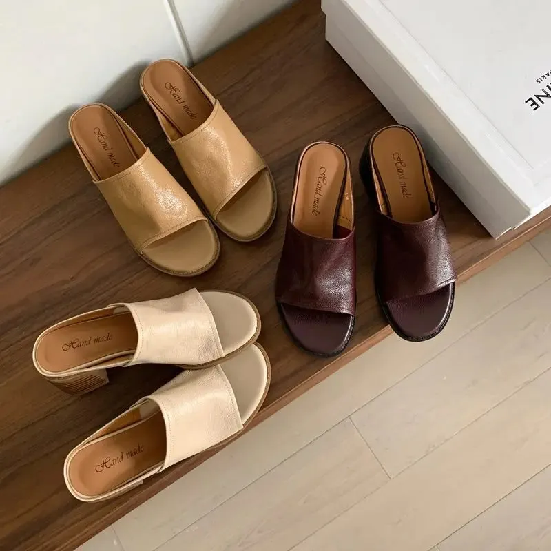 binfenxie  -  2024 New Genuine Leather Shoes Women Slippers Chunky High Heels Office Dress Shoes Ladies Daily Footwear