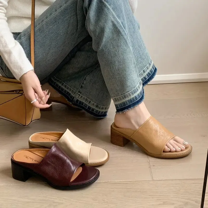 binfenxie  -  2024 New Genuine Leather Shoes Women Slippers Chunky High Heels Office Dress Shoes Ladies Daily Footwear