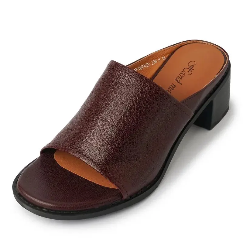 binfenxie  -  2024 New Genuine Leather Shoes Women Slippers Chunky High Heels Office Dress Shoes Ladies Daily Footwear