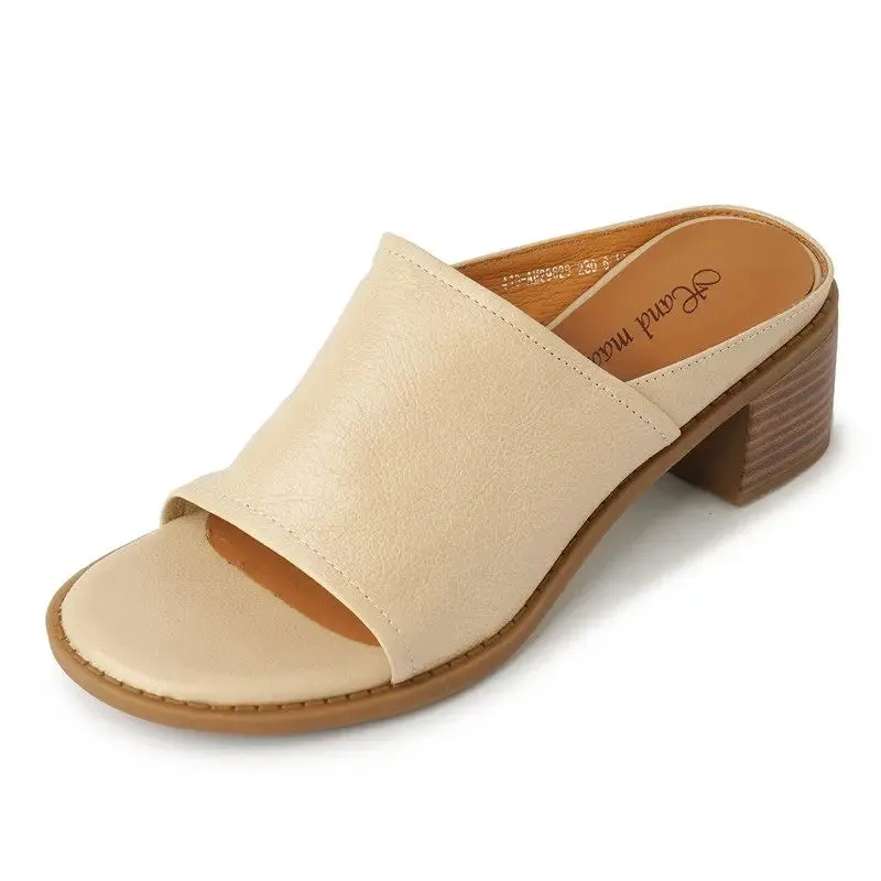 binfenxie  -  2024 New Genuine Leather Shoes Women Slippers Chunky High Heels Office Dress Shoes Ladies Daily Footwear