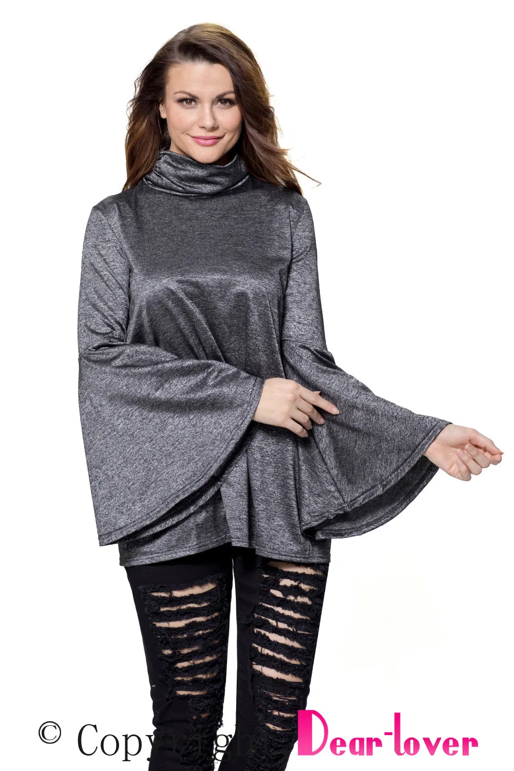 Black Flared Bell Sleeve Knit Blouse