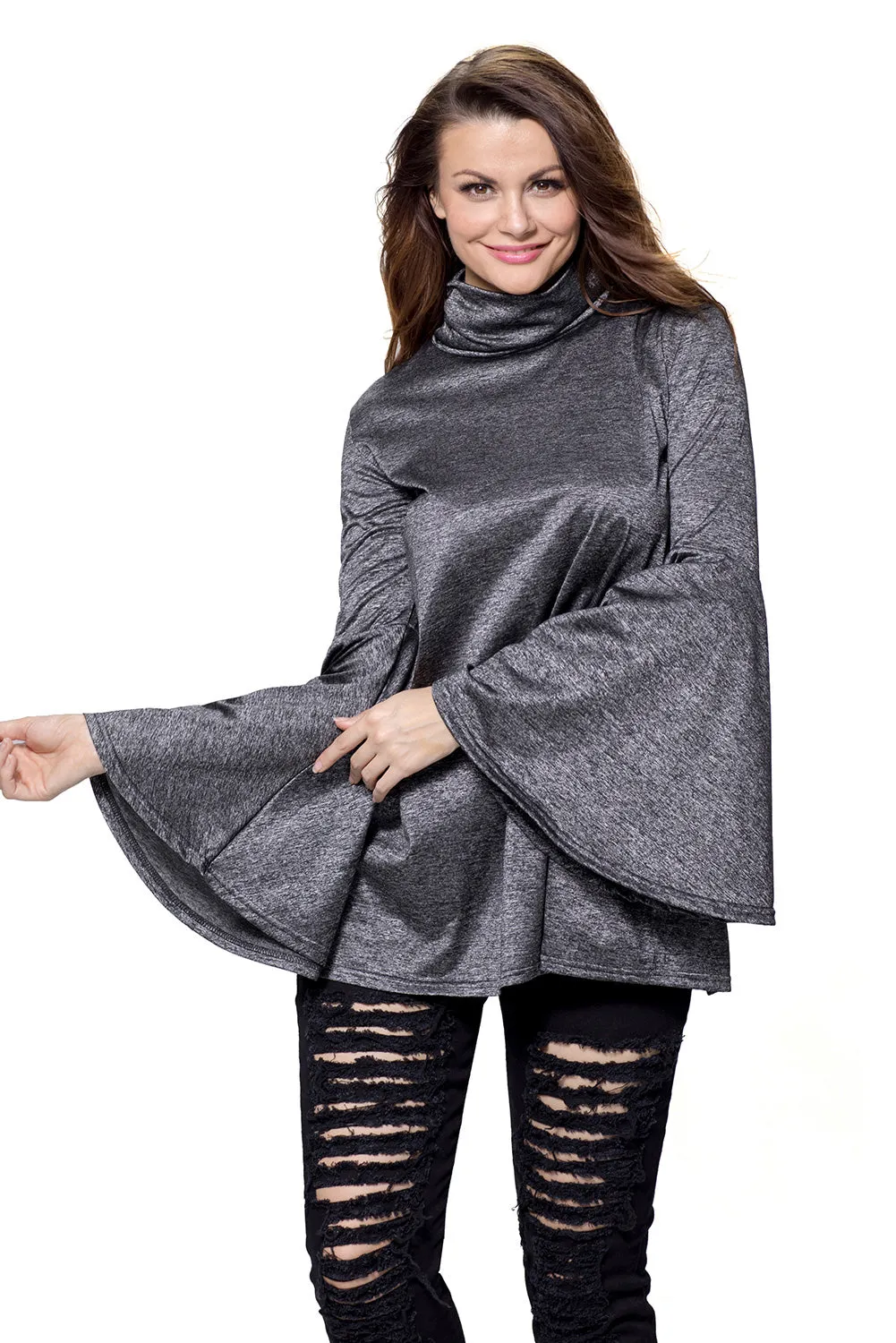 Black Flared Bell Sleeve Knit Blouse