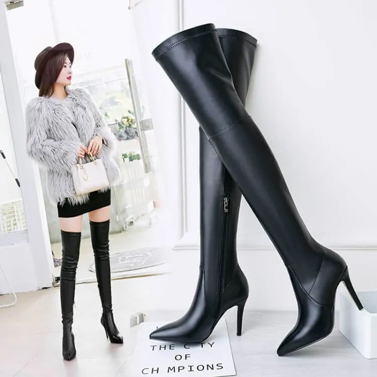 Black Leather Point Toe Stretch Over Knee Boots