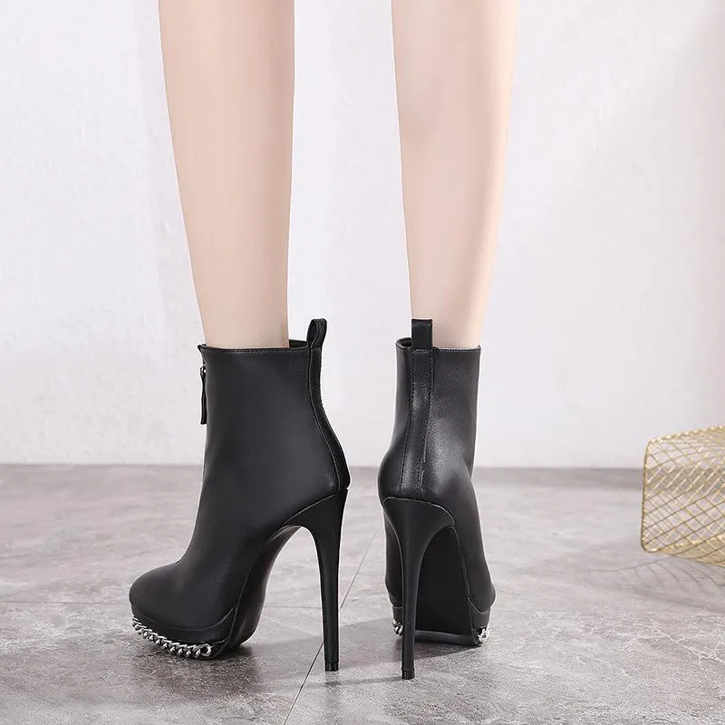 Black PU Platform Chain High Heel Ankle Boots