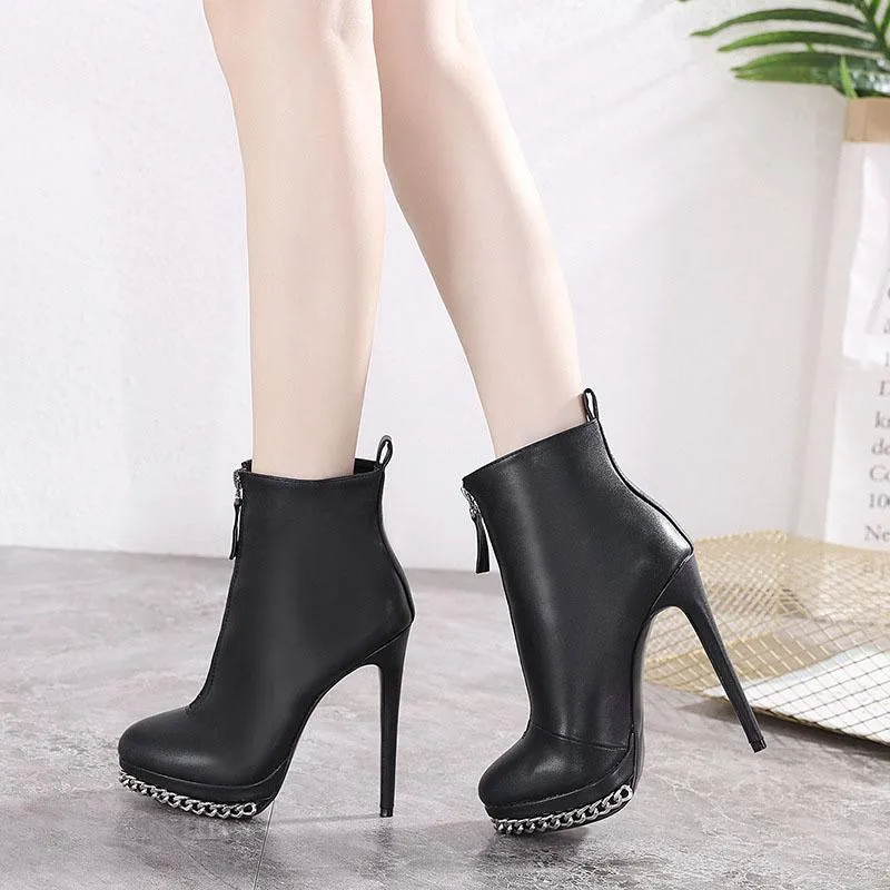 Black PU Platform Chain High Heel Ankle Boots
