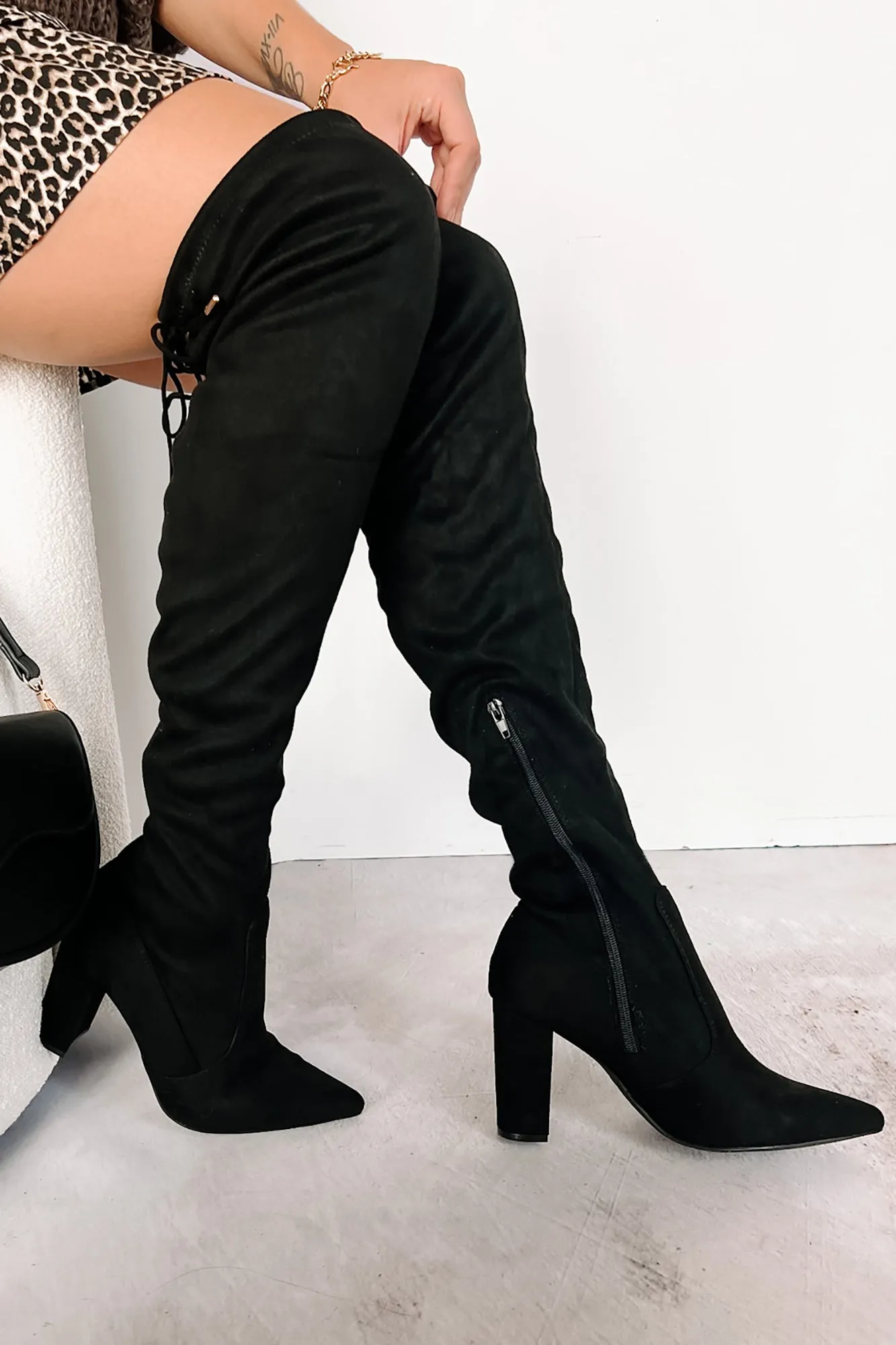 Brand New Attitude Faux Suede Thigh High Boots (Black)