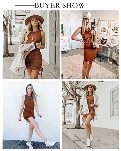 BTFBM Women Sleeveless Bodycon Ruched Short Dress Side Drawstring Solid Crew Neck Casual Summer Tank Shirt Mini Dresses (Brown, Small)