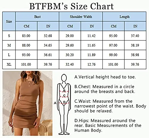 BTFBM Women Sleeveless Bodycon Ruched Short Dress Side Drawstring Solid Crew Neck Casual Summer Tank Shirt Mini Dresses (Brown, Small)