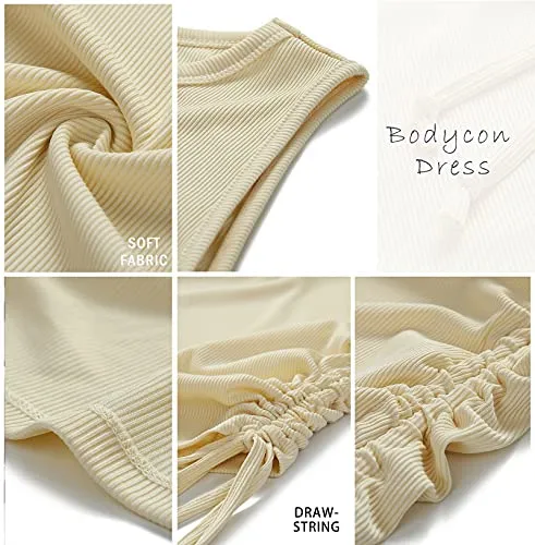 BTFBM Women Sleeveless Bodycon Ruched Short Dress Side Drawstring Solid Crew Neck Casual Summer Tank Shirt Mini Dresses (Brown, Small)
