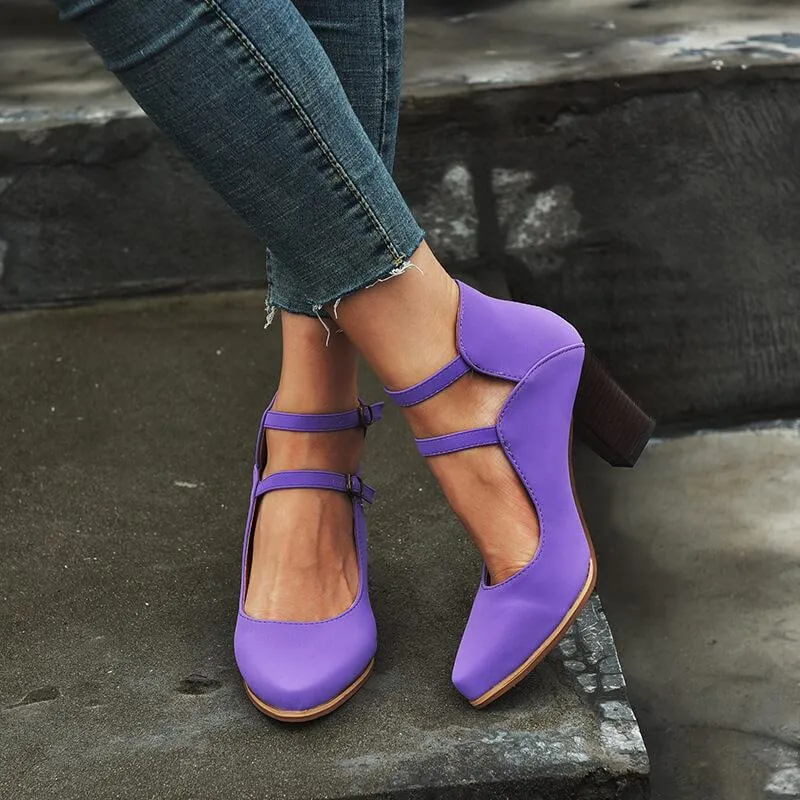 Buckle Leather Point Toe Chunky High Heels