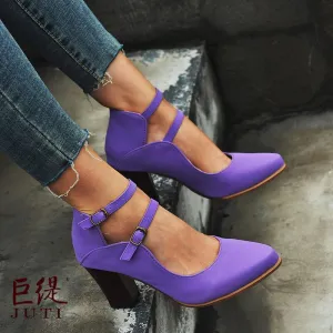 Buckle Leather Point Toe Chunky High Heels