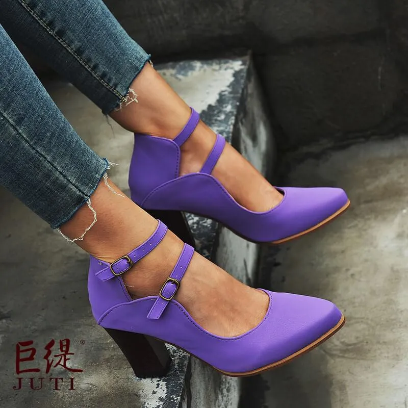 Buckle Leather Point Toe Chunky High Heels