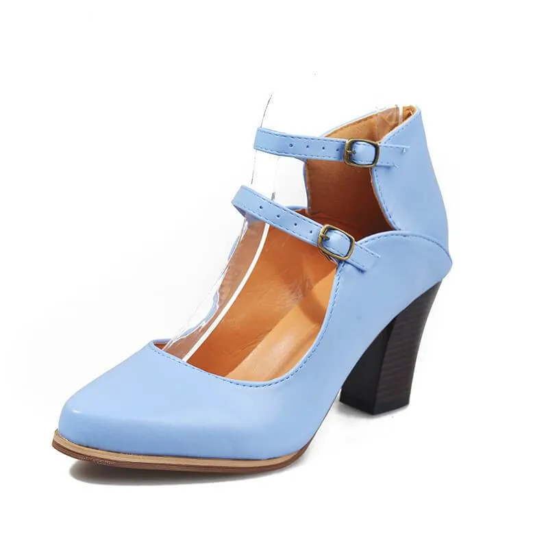Buckle Leather Point Toe Chunky High Heels