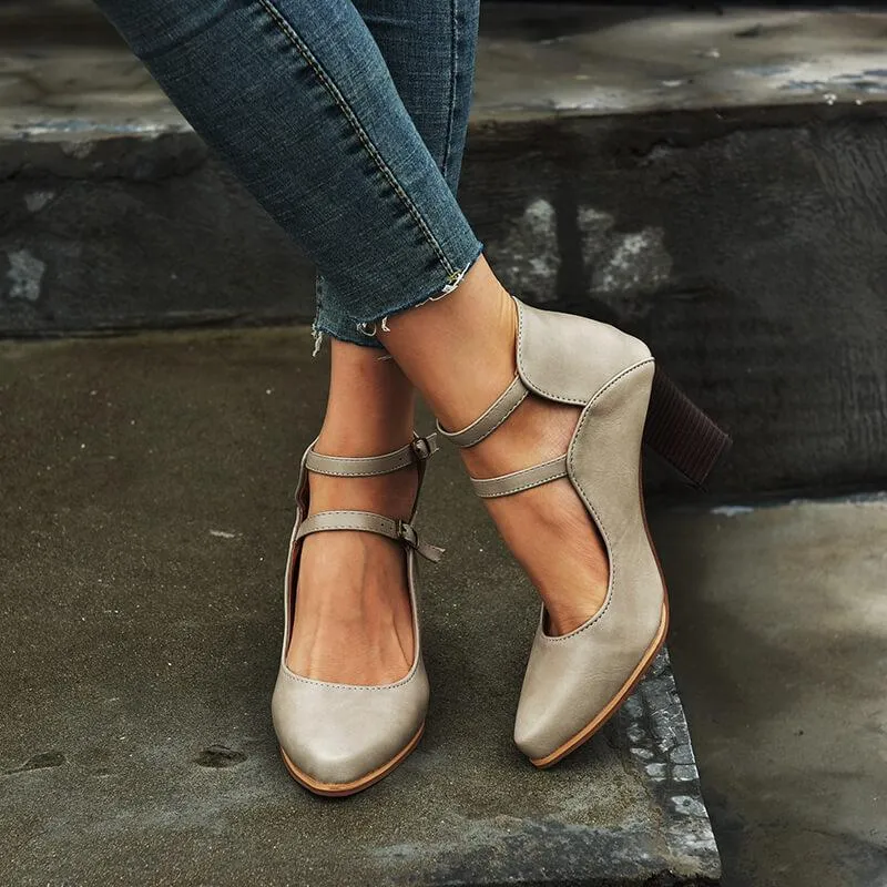 Buckle Leather Point Toe Chunky High Heels