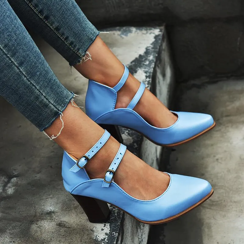 Buckle Leather Point Toe Chunky High Heels