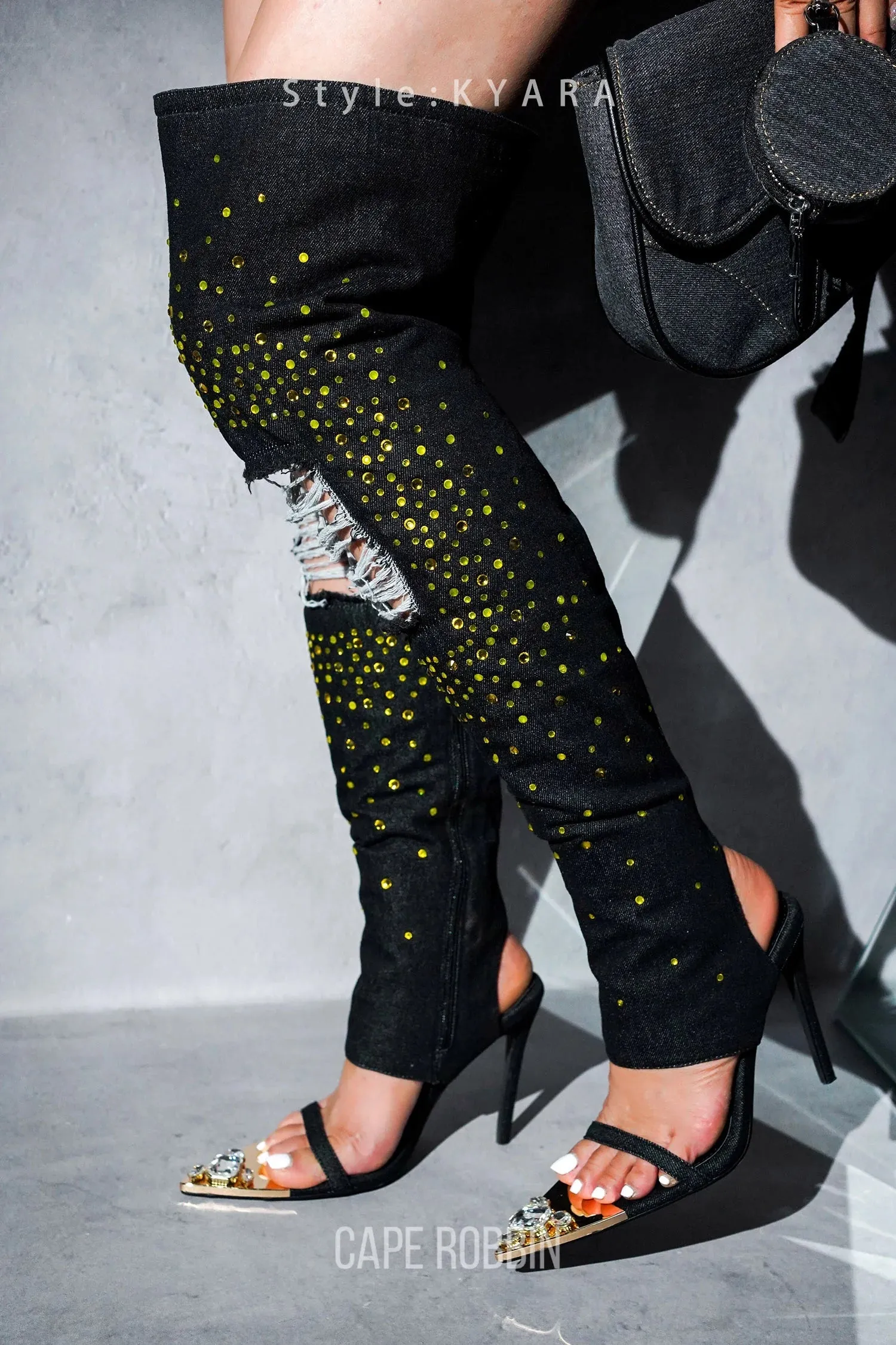 Cape Robbin Kyara Rhinestone Denim Thigh High Heels