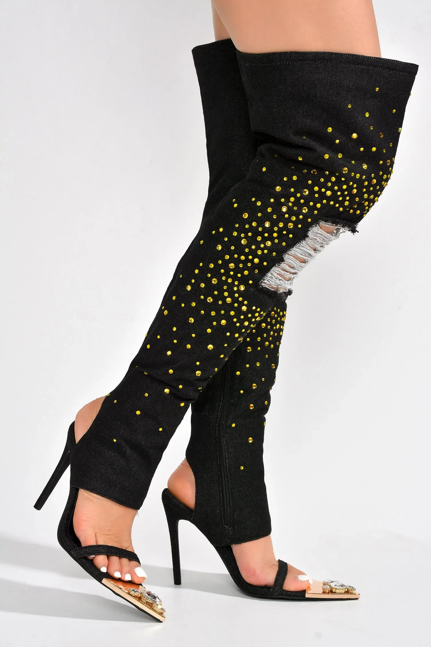 Cape Robbin Kyara Rhinestone Denim Thigh High Heels