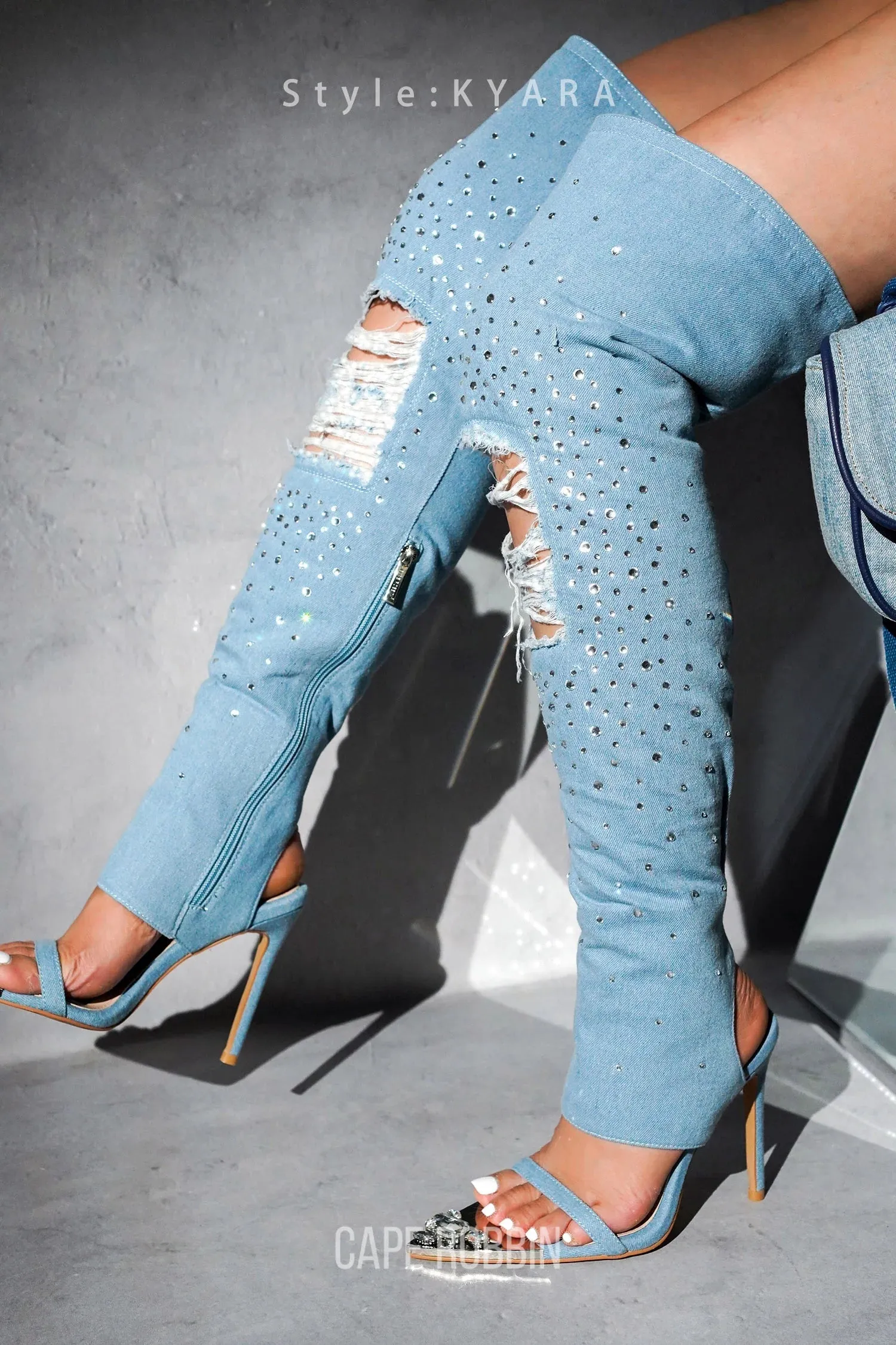 Cape Robbin Kyara Rhinestone Denim Thigh High Heels